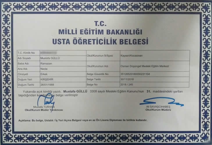 Usta Öğreticilik Belgesi